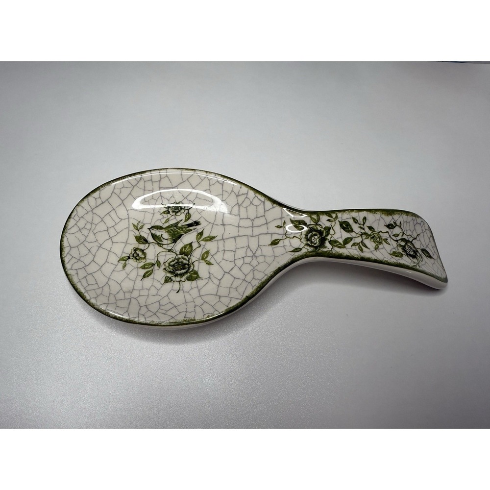 Cracker Barrel Susan Winget Bird Floral Crackle Glaze Spoon Rest Stoneware